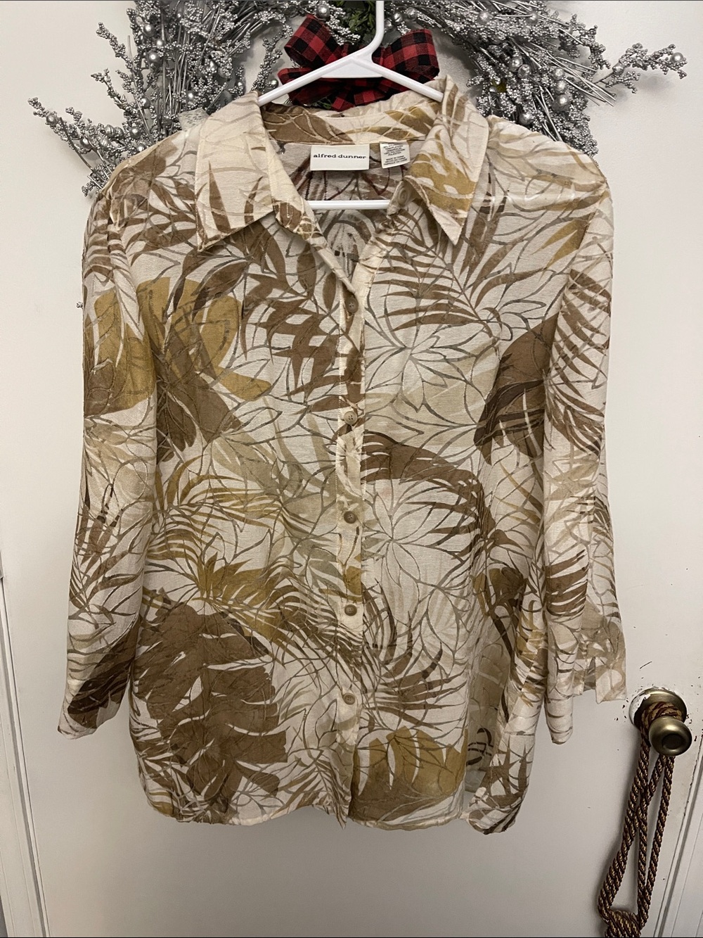 Alfred Dunner Cream Button-Front Blouse with Brown Leaf Print